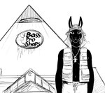 ankh_necklace anthro building clothing fishing_hat humor looking_at_viewer male memphis_pyramid modern_architecture pyramid smile solo text topwear vest wheat wheat_in_mouth hladilnik bass_pro_shops egyptian_mythology middle_eastern_mythology mythology anubis anubian_jackal canid canine canis deity fish jackal mammal marine 2020 black_and_white hi_res monochrome