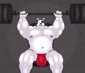 anthro armor barbell belly big_bulge bulge clothed clothing detailed_bulge exercise eye_patch eyewear fur headgear helmet lifting_weight male musclegut muscular muscular_male pecs red_clothing red_speedo red_swimwear solo speedo speedo_only swimwear tiled_background topless white_body white_fur workout asmodeoshow epic_games fortnite polar_patroller bear mammal polar_bear ursine hi_res