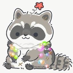 black_eyes black_nose chibi christmas_decorations dot_eyes feral navel simple_background simple_eyes sitting solo x_navel yencatx mammal procyonid raccoon 1:1 2021