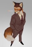 alternate_species anthro balaclava blush bottomwear clothed clothing fur furrification headgear male mask necktie orange_body orange_fur simple_background smile solo suit tail teamfurtress team_fortress_2 valve spy_(team_fortress_2) canid canine fox mammal red_fox true_fox absurd_res hi_res