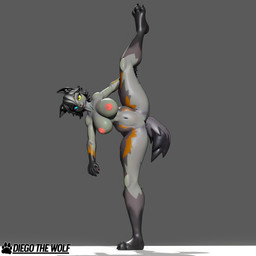 anthro big_breasts big_tail blue_eyes breasts female flexible fluffy fur genitals grey_background grey_body heterochromia looking_at_viewer nipples nude one_leg_up orange_body orange_fur outline pink_nipples pink_vulva pose raised_leg simple_background small_nose solo splits spread_legs spreading standing tail text thick_thighs tongue vertical_splits vulva yellow_eyes diegothewolf seriuswolf_(modeler) epic_games fortnite wolfie_(fortnite) canid canine canis mammal wolf 1:1 3d_(artwork) absurd_res blender_(artwork) blender_eevee_(artwork) digital_media_(artwork) english_text hi_res pinup