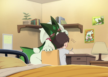 anthro bed biped blush bodily_fluids breasts brown_hair clothed clothing detailed_background duo female female_anthro fur furniture green_body green_fur hair male pupils red_eyes saliva sitting sweat text writing_text dagasi nintendo pokemon florian_(pokemon) generation_9_pokemon human mammal meowscarada pokemon_(species) 2025 hi_res