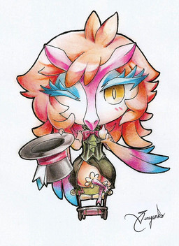 ambiguous_gender anthro avian_feet black_clothing black_hat black_headwear black_topwear blue_body blue_eyebrows blue_feathers bow_tie chibi clothing eyebrows feathered_wings feathers front_view hair hat headgear headwear one_eye_closed orange_body orange_eyes orange_feathers orange_hair pink_body pink_feathers red_bow_tie simple_background sitting solo topwear white_background wings vesper_art signature
