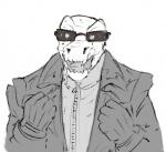 alternate_species anthro clothing coat eyewear gloves glowing glowing_eyes handwear male scales solo sunglasses topwear trenchcoat theserg capcom goosebumps resident_evil albert_wesker alien creep_(goosebumps) lizard reptile scalie crossover