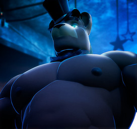anthro big_breasts bow_tie bow_tie_only breasts glowing glowing_eyes hat_over_eyes looking_at_boobs looking_at_viewer low-angle_view male male/male mostly_nude musclegut muscular muscular_male night pecs seductive solo rexwolf five_nights_at_freddy's scottgames freddy_(fnaf)