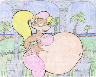 anthro beach belly big_belly blonde_hair bottomwear brown_body brown_fur building clothing female fur grass green_eyes hair huge_belly navel palm_tree plant ponytail pregnant pregnant_anthro pregnant_female sand seaside solo topwear tree water virus-20 donkey_kong_(series) nintendo dixie_kong kong mammal primate 2013 traditional_media_(artwork)
