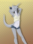 anthro bottomwear clothed clothing female flat_chested grey_body grey_scales hands_behind_head horn hotpants microshorts midriff minishorts navel pose scales shirt shorts skimpy solo tail tank_top topwear unzipped unzipped_shorts zipper zipper_down zipper_shorts risingdragon mythology coldfire dragon mythological_creature mythological_scalie scalie 2012