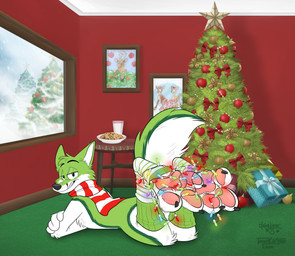 anthro black_markings black_nose bow_(feature) box candy chocolate chocolate_chip_cookie chocolate_chips christmas_decorations christmas_lights christmas_present christmas_tree clothed clothing container cookie dessert feet food foot_fetish footwear fur furniture gift green_body green_clothing green_eyes green_footwear green_fur green_socks hair holidays lights male markings milk open_mouth ornament pawpads paws plant scarf smile snow socks solo table topwear tree wall_art white_body white_fur window strawbear christmas fidget_the_fox canid canine fox mammal absurd_res digital_media_(artwork) hi_res signature