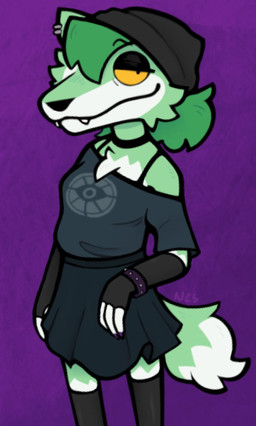 anthro beanie bottomwear bra_strap choker clothing fangs female fingerless_gloves fur gloves green_body green_fur hair hair_over_eye handwear hat headgear headwear jewelry necklace skirt solo teeth thigh_stockings white_body white_fur yellow_sclera ncs gamecade_(ncs) nance_(ncs) canid canine canis mammal wolf 2025 hi_res