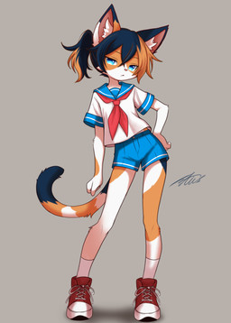 adolescent anthro asian_clothing black_body black_fur black_hair blue_eyes bottomwear clothed clothed_anthro clothed_male clothing east_asian_clothing femboy footwear fur grey_background hair inner_ear_fluff japanese_clothing japanese_school_uniform kemono looking_at_viewer male male_anthro multicolored_body multicolored_ears multicolored_fur multicolored_hair multicolored_tail orange_body orange_fur orange_hair school_uniform shoes shorts simple_background socks solo tail tuft uniform white_body white_fur young young_anthro young_male netiel calico_cat domestic_cat felid feline felis mammal 2026 digital_media_(artwork) full-length_portrait hi_res portrait