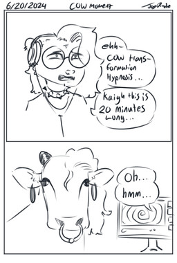 ambiguous_gender anthro collar duo ear_piercing ear_ring facial_piercing feral horn hypnosis hypnotic_screen mind_control nose_piercing nose_ring piercing ring_piercing smash_cut speech_bubble spiked_collar spikes text conditional_dnp girl_poss jay_(girl_poss) american_opossum bovid bovine cattle mammal marsupial absurd_res comic english_text hi_res