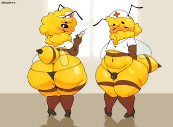 antennae_(anatomy) anthro big_butt black_antennae black_clothing black_footwear black_high_heels black_sclera black_thong black_underwear blonde_hair blush blush_lines bodily_fluids bottom_heavy brown_body brown_tail bulge butt clothing crop_top cum duo eyes_closed femboy flavored_cum food footwear genital_fluids genitals hair half-closed_eyes hands_behind_back hat headgear headwear high_heels holding_object holding_syringe honey_(food) honey_cum huge_butt huge_hips huge_thighs hyper hyper_butt hyper_hips insect_wings leaking leaking_anus leaking_cum leaking_honey looking_back male micropenis multicolored_body narrowed_eyes navel neck_tuft nurse nurse_clothing nurse_hat nurse_headwear penis pose precum precum_through_clothing red_clothing red_hat red_headwear shirt shoes small_penis small_waist standing stinger syringe tail text thick_thighs thong topwear tuft two_tone_body two_tone_hat two_tone_tail underwear unusual_bodily_fluids unusual_cum unusual_genital_fluids wet wet_clothing white_clothing white_crop_top white_eyes white_hat white_headwear white_tail white_topwear wide_hips wings yellow_body yellow_tuft axoarts arthropod bee hymenopteran insect 2025 artist_name digital_media_(artwork) hi_res