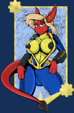 anthro big_breasts big_bulge black_nipples blonde_hair breasts bulge clothed clothing detailed_bulge ear_piercing genital_outline green_eyes gynomorph hair hand_on_hip huge_bulge intersex looking_at_viewer nipple_slip nipples non-mammal_breasts open_clothing open_shirt open_topwear penis_outline piercing pip-boy shirt solo tail topwear vault_suit wardrobe_malfunction aubrin fallout microsoft mythology caliente dragon mythological_creature mythological_scalie scalie 2018 alpha_channel
