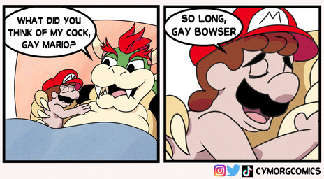 anthro bedding belly blanket clothing dialogue duo eyes_closed hat headgear headwear hug human_on_anthro interspecies male open_mouth slightly_chubby text cymorgcomics mario_bros nintendo bowser mario human koopa mammal scalie 2024 english_text hi_res