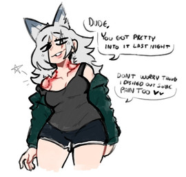 bite_mark bottomwear breasts cleavage clothed clothed_female clothed_humanoid clothing dialogue eye_scar eye_through_hair facial_scar female female_humanoid fingers green_clothing green_topwear grey_clothing grey_hair grey_topwear hair light_body light_skin medium_breasts notched_ear scar shorts simple_background smile solo speech_bubble talking_to_another talking_to_partner text topwear translucent translucent_hair white_background derpyfox_36 yukio_(derpyfox_36) animal_humanoid canid canid_humanoid canine canine_humanoid humanoid mammal mammal_humanoid wolf_humanoid 2021 digital_drawing_(artwork) digital_media_(artwork) english_text portrait three-quarter_portrait