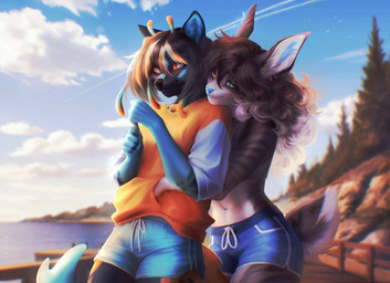 anthro biped blush bottomwear breasts clothed clothed_anthro clothed_female clothing countershade_torso countershading day duo female fingers front_view fully_clothed fully_clothed_anthro fully_clothed_female fur hair navel outside sky smile standing stripes tail topwear rrrs canid canine canis domestic_dog lagomorph leporid mammal rabbit 2026 digital_drawing_(artwork) digital_media_(artwork) hi_res