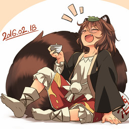 asian_clothing black_clothing black_jacket black_topwear bloomers bottomwear brown_hair brown_tail clothed clothed_female clothed_humanoid clothing container cup east_asian_clothing eyes_closed eyewear fangs female footwear glasses hair holding_container holding_cup holding_object jacket japanese_clothing laugh leaf leaf_on_head open_mouth red_bottomwear red_clothing red_skirt shirt sitting skirt socks solo tabi_socks tail teeth topwear wearing_glasses white_clothing white_shirt white_topwear yudepii touhou mamizou_futatsuiwa animal_humanoid canid canid_humanoid canine canine_humanoid humanoid mammal mammal_humanoid tanuki_humanoid 1:1 2016 dated