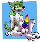 anthro balls big_balls big_penis black_nose fur genitals green_body green_eyes green_fur hair looking_at_viewer male multicolored_penis nude penis simple_background smile solo tail white_body white_fur fatalsyndrome fidget_the_fox canid canine fox mammal digital_media_(artwork) hi_res