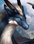 blue_body blue_eyes blue_fur blurred_background cloud detailed_background detailed_fur feral fur horn light male multicolored_body multicolored_fur outside sky smile solo text two_tone_body two_tone_fur white_body white_fur rhythmpopfox mythology dragon furred_dragon furred_scalie mythological_creature mythological_scalie scalie 2020 detailed hi_res lighting signature