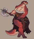 anthro axe barefoot breasts feet female muscular muscular_anthro non-mammal_breasts pouches scales scar smile solo tail thecoatl034 dinosaur prehistoric_species reptile scalie absurd_res hi_res