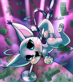 anthro anus bodily_fluids butt dancing female flat_chested genital_fluids genitals looking_at_viewer money nipples nude open_mouth pole pole_dancing solo text tongue vaginal_fluids vulva young young_anthro young_female furnut bandai_namco digimon digimon_(species) gatomon 2021 absurd_res hi_res url