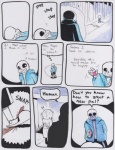 aftertale animated_skeleton bone branch bridge clothed clothing comic dialogue english_text frisk_(undertale) grin hair human humanoid jacket loverofpiggies lying male mammal not_furry one_eye_closed plant sans_(undertale) shrub skeleton smile snow teeth text topwear tree undead undertale undertale_(series)