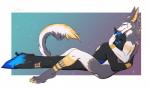 anthro black_body black_fur black_nose duo feet fingers fur grey_body grey_fur hug lying male male/male nude on_front sitting smile tail toes amur beronon king_manu canid canine fox mammal sergal 2019 digital_media_(artwork)