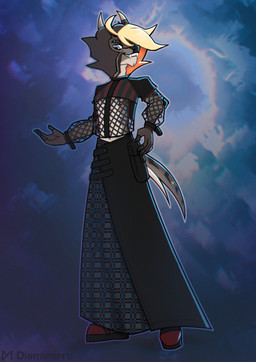 abstract_background accessory anthro black_clothing blonde_hair blue_eyes brown_body brown_fur brown_hair clothing dark_clothing dress fangs fur hair horn long_dress male minimal_shading net orange_hair piercing ring_(jewelry) solo standing striped_body stripes tail teeth diaminerre neth_(diaminerre) cervine deer mammal muntjac 2026 digital_media_(artwork) full-length_portrait portrait signature watermark