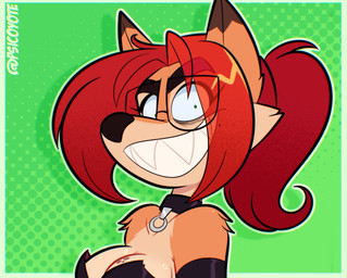abstract_background anthro armwear bare_shoulders bear_trap_teeth black_nose border breasts cleavage clothed clothing collar collarbone countershade_face countershade_neck countershade_torso countershading dipstick_ears dotted_background ear_markings elbow_gloves eye_through_hair eyebrow_through_hair eyebrows eyelashes eyelashes_through_hair eyewear female female_anthro fur glasses gloves green_eyes grin hair handwear mole_under_mouth multicolored_ears orange_body orange_fur outline outside_border pattern_background ponytail pupils red_hair sharp_teeth simple_background small_pupils smile snout solo tan_body tan_fur teeth text translucent translucent_hair white_border white_outline psicoyote veronica_(psicoyote) canid canine fox mammal 2025 artist_name bust_portrait hi_res portrait