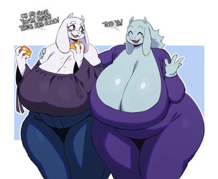 anthro big_breasts boss bottomwear breasts clothed clothed_anthro clothed_female clothing curvy_figure denim denim_bottomwear denim_clothing dialogue dress duo eating female floppy_ears fully_clothed fully_clothed_anthro fully_clothed_female fur happy horn huge_breasts huge_hips huge_thighs jeans long_ears mature_female overweight overweight_anthro overweight_female pants shirt simple_background smile square_crossover text thick_thighs topwear voluptuous voluptuous_anthro voluptuous_female white_body white_fur wide_hips mooncheese sssonic2 undertale undertale_(series) toriel boss_monster_(undertale) bovid caprine goat mammal 2025 digital_media_(artwork) english_text hi_res