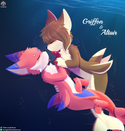 animal_genitalia anthro blush bodily_fluids cuddling duo eyes_closed fin genital_slit genitals hand_holding hug male male/male penis saliva saliva_string sea split_form swimming text tongue tongue_out underwater water senz aquatic canid canine canis domestic_cat felid feline felis hybrid mammal merfolk wolf absurd_res hi_res