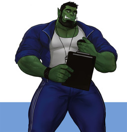 5_fingers barazoku beard big_muscles black_hair bottomwear clipboard clock clothing coach dual_holding eyebrows facial_hair fingers front_view green_body green_skin hair holding_clipboard holding_object holding_stopwatch humanoid_hands humanoid_pointy_ears jacket male muscular muscular_humanoid muscular_male not_furry pants pointy_ears shirt solo stopwatch tank_top thick_eyebrows topwear tusks vein veiny_muscles watch whistle_(object) dopq humanoid orc 2020 hi_res portrait three-quarter_portrait