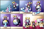 absorption_vore ambiguous_gender assimilation bioluminescence black_border border bottomwear brionne clothing comic duo exclamation_point fusion generation_3_pokemon generation_7_pokemon glowing heart_symbol hi_res illumise inflation latex living_latex nintendo pokemon pokemon_(species) pokemon_fusion semi-anthro skirt the_matkat transformation transformation_through_vore volbeat volmise vore