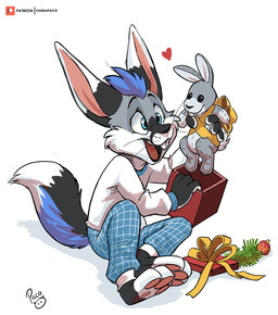 anthro barefoot big_ears black_tail blue_bottomwear blue_clothing blue_eyes blue_hair blue_pants blue_tail bottomwear cheek_tuft clothed clothing facial_tuft feet fur gift glistening glistening_eyes grey_body grey_fur hair happy male open_mouth open_smile pants pawpads plushie red_tongue short_hair simple_background sitting smile solo tail tongue topwear tuft whiskers white_background white_body white_clothing white_fur white_tail white_topwear young young_anthro young_male pandapaco canid canine fox hybrid lagomorph leporid mammal rabbit