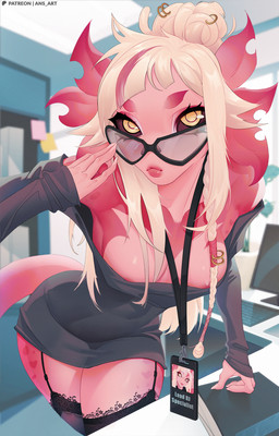 anthro black_sclera breasts clothing dreadlocks dress eyewear female glasses hair legwear long_hair looking_at_viewer nipples office_clothing office_lady ring short_dress solo stockings thick_thighs wearing_glasses white_hair yellow_eyes ansart bibi_(ansart) amphibian aquatic axolotl mole_salamander salamander hi_res