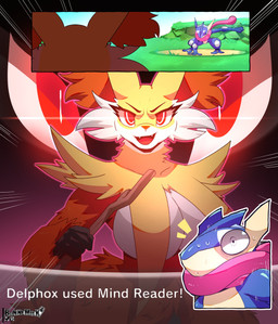 anthro arm_tuft big_breasts blue_body bodily_fluids breast_curtains breasts cheek_tuft duo eyelashes facial_tuft fangs female female_anthro front_view fur glowing glowing_eyes holding_object holding_stick inner_ear_fluff male open_mouth open_smile orange_body orange_fur orange_nose pokemon_battle red_eyes shoulder_tuft smile stick sweat sweatdrop tan_body teeth text tuft white_body white_fur wide_eyed yellow_body yellow_fur bunnemilk nintendo pokemon delphox generation_6_pokemon greninja pokemon_(species) absurd_res english_text hi_res