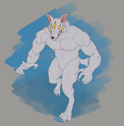 abstract_background anthro bared_teeth brown_eyes cheek_tuft claws facial_tuft featureless_crotch finger_claws front_view fur head_tuft male male_anthro multi_eye multicolored_eyes muscular muscular_anthro muscular_male navel nude orange_eyes pecs solo standing tail toe_claws tuft two_tone_eyes white_body white_fur white_tail yellow_eyes aduran canid canine mammal absurd_res full-length_portrait hi_res portrait