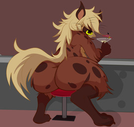 alcohol anthro bar beverage big_butt blonde_hair brown_body butt cocktail ears_up facial_piercing furniture hair hair_over_eyes looking_back male martini messy_hair nose_piercing nose_ring piercing raised_hand raised_tail ring_piercing simple_background slightly_chubby smile solo spots spread_legs spreading stool tail whiskers wide_hips villegreen hyena mammal hi_res
