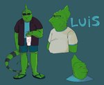 anthro clothing container cup disposable_cup eyewear flip_flops footwear male overweight sandals shoes solo sunglasses varanoidea_(artist) luis_(varanoidea) helmeted_lizard lizard reptile scalie absurd_res hi_res model_sheet