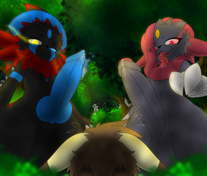 anthro blue_penis bodily_fluids claws drooling erection female foreskin forest forest_background genital_fluids genitals glowing glowing_eyes knot knotted_penis leaking_precum looming looming_over looming_penis male male/female nature nature_background nude penis plant precum saliva sweat sweatdrop tongue tongue_out tree lusterblaze nintendo pokemon gia_(ninjawithashovel) manya_(dorkusprimearts) generation_1_pokemon generation_4_pokemon hybrid_pokemon luxray pikachu pokemon_(species) riolu weavile hi_res