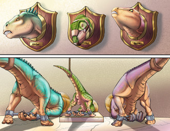 animal_genitalia blue_body bound chain claws clenched_teeth cloaca cuff_(restraint) feet female feral genitals green_body group horizontal_cloaca living_trophy male muzzle_(object) muzzled name_plate on_display pubic_boot raised_tail restraints scales tail tailbutt tan_body tan_underbelly teeth text thick_tail through_wall toe_claws trio wide_crotch yellow_eyes raptorroper dinosaur_(disney) disney aladar celadon_(raptorroper) neera dinosaur dromaeosaurid iguanodon iguanodontian iguanodontid ornithischian ornithopod prehistoric_species reptile saurischian scalie theropod velociraptor 2023 digital_drawing_(artwork) digital_media_(artwork) hi_res shaded