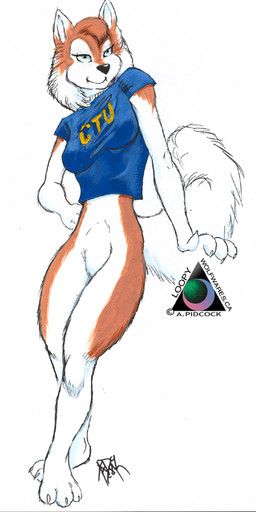 3_toes 4_fingers anthro athletic athletic_anthro athletic_female barefoot blue_clothing blue_eyes blue_shirt blue_t-shirt blue_topwear bottomless breasts claws clothed clothing college feet female fingers fluffy fluffy_tail front_view fur multicolored_body multicolored_fur orange_body orange_fur partially_clothed plantigrade school shirt simple_background solo standing t-shirt tail text text_on_clothing text_on_shirt text_on_topwear toes topwear two_tone_body two_tone_fur white_background white_body white_fur white_tail andrew_pidcock loopywolf canid canine canis domestic_dog husky mammal nordic_sled_dog spitz