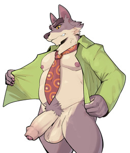 accessory anthro areola balls big_balls big_penis black_eyes body_hair bottomless bottomless_anthro bottomless_male brown_body brown_fur clothed clothing fingers foreskin frown fur genitals glans green_clothing green_jacket green_topwear half-erect happy_trail humanoid_hands jacket looking_down male musclegut muscular necktie nipples open_clothing open_jacket open_topwear pecs penis pubes simple_background solo standing tan_body tan_fur topwear undressing white_background yellow_sclera jrjresq dale_donovan_(friends_vs_friends) canid canine canis mammal wolf hi_res portrait three-quarter_portrait