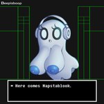 areola big_breasts black_background blue_areola blue_nipples breasts crossgender electronics eyelashes female headphones huge_breasts looking_at_viewer nipples not_furry nude open_mouth simple_background solo text white_body white_eyes beepisboop undertale undertale_(series) napstablook ghost spirit 1:1 english_text hi_res