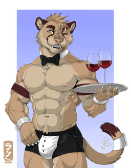 accessory anthro bow_ribbon bow_tie collar container cup drinking_glass eye_scar facial_scar furgonomics glass glass_container glass_cup looking_at_viewer male muscular muscular_anthro muscular_male one_eye_closed scar solo tail tail_accessory tail_collar tuxedo_underwear waiter waiter_tray wearing_collar wine_glass wink winking_at_viewer dragoran ricius_teck cougar felid feline mammal hi_res