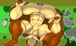 4_toes 5_fingers anthro anus big_muscles big_pecs clothing featureless_crotch feet fingers fur green_eyes grin huge_muscles huge_pecs hyper hyper_muscles hyper_pecs jacket looking_at_another looking_at_viewer lying male melee_weapon multicolored_body multicolored_fur muscular muscular_anthro muscular_male nipples pecs plantigrade smile solo sword toes topwear weapon yellow_nipples panscolipede tom_hassburg deer mammal 2019 full-length_portrait portrait