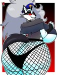 anthro big_breasts big_butt biped black_clothing black_gloves black_handwear black_panties black_underwear bottomwear breasts butt choker clothed clothed_anthro clothed_female clothing crop_top exposure_variation female fingerless_gloves fingers fishnet_bottomwear fishnet_clothing fur gloves gradient_background grey_body grey_clothing grey_crop_top grey_fur grey_hair grey_shirt grey_topwear hair handwear head_turned huge_breasts huge_butt humanoid_hands inner_ear_fluff jewelry logo long_hair looking_at_viewer looking_back necklace outline panties police police_hat rear_view red_sclera shirt side_boob simple_background skimpy smile smirk smug solo spiked_choker tail teeth text topwear tuft under_boob underwear white_body white_eyes white_fur white_outline vash_art helluva_boss mythology loona_(helluva_boss) canid canid_demon canine demon hellhound mammal mythological_canine mythological_creature 2024 absurd_res artist_logo artist_name colored half-length_portrait hi_res portrait