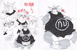 anthro belly big_belly black_clothing clothing female huge_belly overweight solo speech_bubble text d._e._belton_(artist) 2017 greyscale monochrome