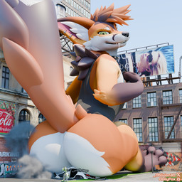 anthro big_butt butt butt_crush car city city_background clothed clothing crush crushing_sound_effect destruction flattened looking_back machine macro male micro obllyfox partially_clothed raised_tail sitting smoke tail text vehicle vehicle_destruction canid canine fox mammal protogen red_fox true_fox 1:1 english_text hi_res