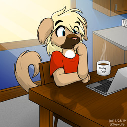 anthro chair clothing computer container cup electronics female furniture laptop shirt solo table topwear jknewlife canid canine canis domestic_dog mammal 1:1 hi_res